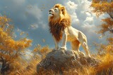 A regal lion standing atop a rock, overlooking a sunlit savannah with acacia trees and golden grass