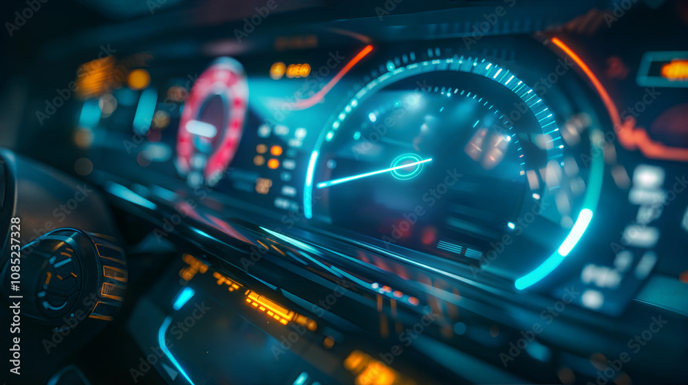 Futuristic car dashboard with neonlit digital speedometer and dials ...
