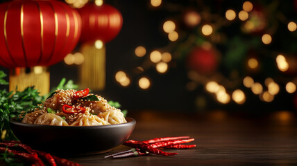 Wall Mural - Delicious dumplings served in dark bowl, garnished with sesame seeds and red chili, surrounded by festive lanterns and warm bokeh lights, creating cozy atmosphere