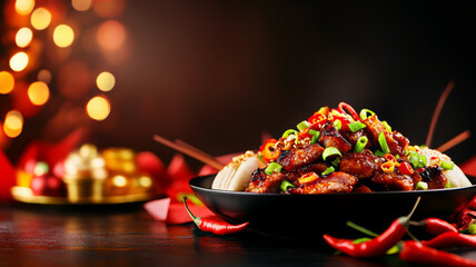 Wall Mural - Delicious spicy chicken dish garnished with green onions and red chilies, served in black bowl. background features festive decorations and warm bokeh lights, creating vibrant atmosphere