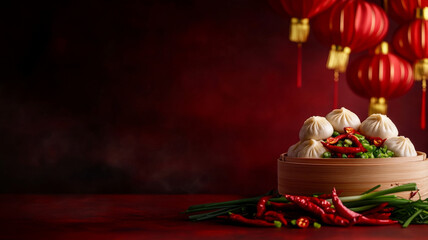 Wall Mural - Delight in vibrant food photography scene featuring steamed dumplings, fresh chili peppers, and green onions, all set against rich red backdrop with lanterns