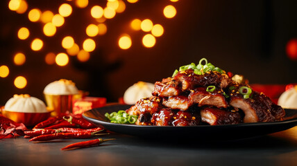 Wall Mural - Deliciously glazed ribs served on black plate, garnished with green onions, surrounded by festive decorations and red chilies, creating warm, inviting atmosphere