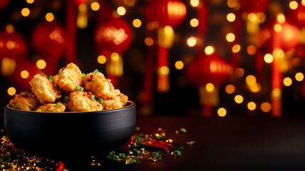 Wall Mural - Delicious fried chicken pieces in black bowl, surrounded by festive decorations and red lanterns, create warm and inviting atmosphere for celebrations