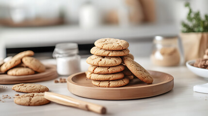 Sticker - A pile of cookies stacked neatly on a wooden plate, surrounded by baking utensils and ingredients 