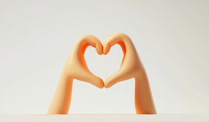 Wall Mural - 3D cartoon icon of two hands making a heart shape, simple design, white background