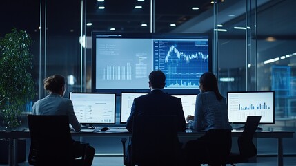 Poster - Three Professionals Analyzing Financial Data on Multiple Monitors in a Modern Office Setting with Graphs and Charts Displayed on Large Screen