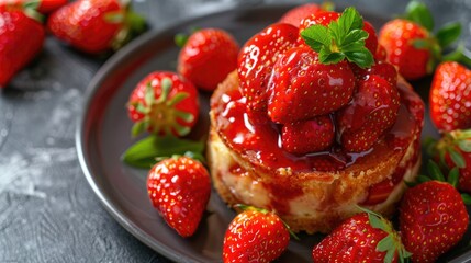 Wall Mural - Beautifully baked cheesecake topped with vibrant strawberry sauce and fresh strawberries served on a dark plate.