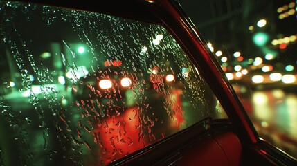 Poster - Rain Drops on a Car Window with Distant City Lights