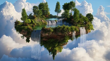 Poster - Surreal Floating Island with Waterfall and Trees