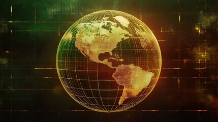 Poster - Abstract Digital Globe with Illuminated Lines Over World Map, Featuring Modern Technology Visualization in Vibrant Colors and Grids