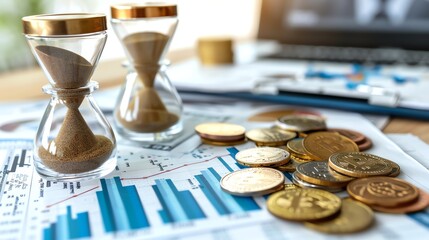 Poster - An hourglass and coins on a table with a financial report.