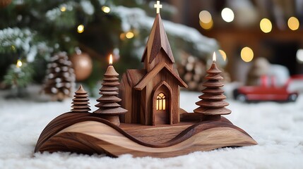 Canvas Print - Wooden church miniature with lit candles, nestled in a sculpted wooden landscape, evoking a cozy Christmas scene.