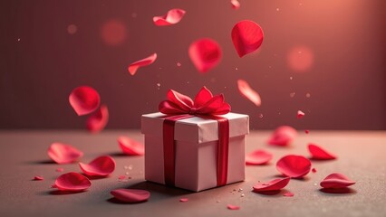 Wall Mural - A white gift box with a red ribbon sits on a table with red rose petals falling around it. Concept of a romantic Valentine's Day surprise.
