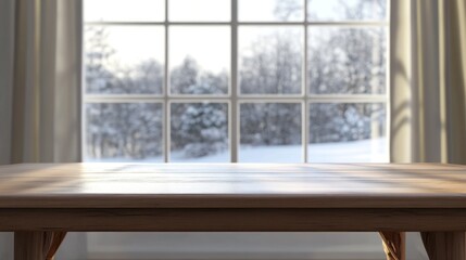 Poster - A wooden table with a window in the background
