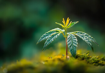 Poster - Close up Young plant growing over green background