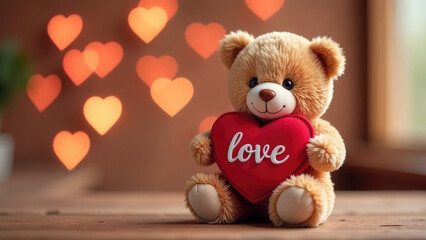 Wall Mural - a cute toy plush bear holds a red heart that says 