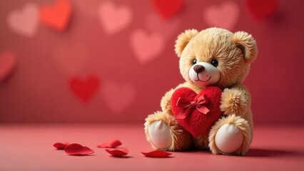 Wall Mural - a light brown toy plush bear sits on a pink surface holding a red heart with a bow, against a blurre