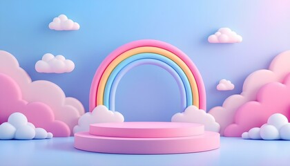 Poster - 3D rendering podium kid style, colorful background, clouds, and weather with empty space for kids or baby products. Sweet dream plasticine base background.