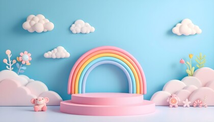Poster - 3D rendering podium kid style, colorful background, clouds, and weather with empty space for kids or baby products. Sweet dream plasticine base background.