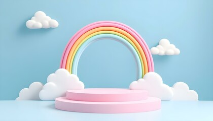 Poster - 3D rendering podium kid style, colorful background, clouds, and weather with empty space for kids or baby products. Sweet dream plasticine base background.
