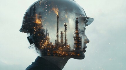 Poster - A woman's head is shown in a distorted way, with a factory in the background
