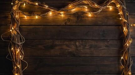 Poster - Top view of an empty rustic wooden table with Christmas string lights are all around the border making a glowing frame and leaving useful copy space for text and/or logo - generative ai