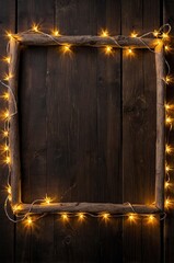 Poster - Top view of an empty rustic wooden table with Christmas string lights are all around the border making a glowing frame and leaving useful copy space for text and/or logo - generative ai