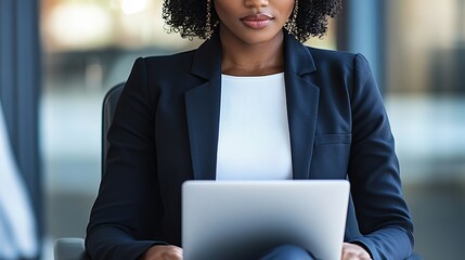 Wall Mural - Professional Businesswoman Engaged in Thoughtful Work on Laptop in Modern Office Setting, Demonstrating Concentration and Focus on Digital Task