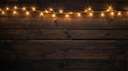 Poster - Top view of an empty rustic wooden table with Christmas string lights are all around the border making a glowing frame and leaving useful copy space for text and/or logo - generative ai