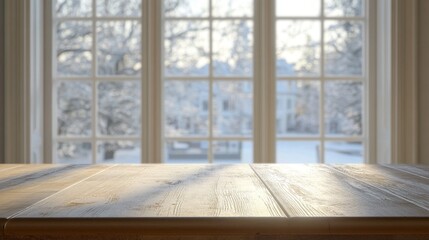 Poster - A wooden table with a view of a snowy landscape