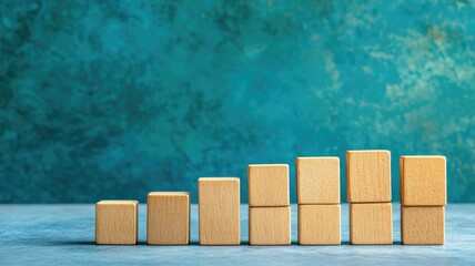 Arranged wooden blocks form rising bar graph on turquoise background