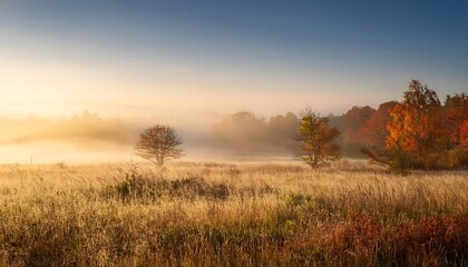 Wall Mural -  A serene meadow on a misty autumn morning, with golden and russet hues set against a peacef_1(127)