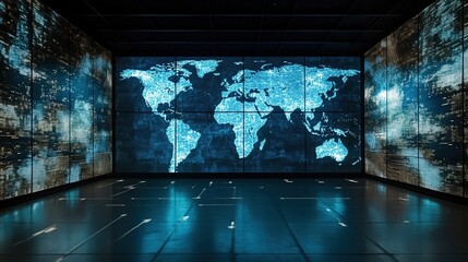 Poster - Stunning Digital World Map Display in Modern Tech Environment with Vibrant Blue Lights and Abstract Patterns Highlighting Global Connectivity