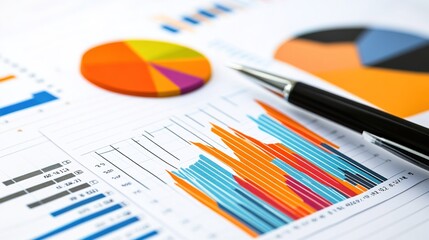 Wall Mural - Detailed Financial Report with Colorful Graphs and Charts Showcasing Business Analysis and Data Trends in a Professional Environment