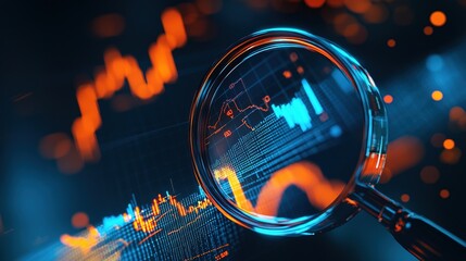 Poster - Magnifying Glass Focus on Financial Data and Stock Market Analysis with Bright Orange and Blue Neon Visualization for Data Insights and Trends Exploration