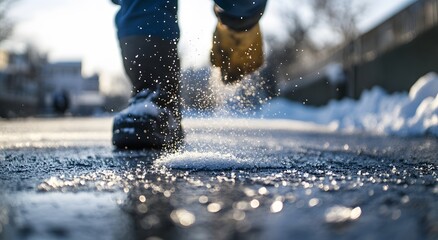 Wall Mural - Winter Boots Melting Ice On A Snowy Street