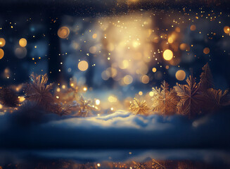 Aufkleber - Golden snowflakes nestled in a snowy scene, illuminated by warm, soft lights and bokeh.  A magical winter night.