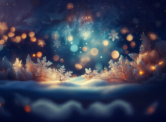 Poster - Enchanted winter scene.  Frost-covered branches glow with warm light amidst a blizzard of bokeh and snowflakes against a dark blue night sky.  Soft, dreamy, and magical.