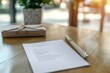 © Victor Bertrand - A formal document laid out with a pen and a gift box on a polished wooden table, its text neatly composed under the glow of warm, inviting sunlight.