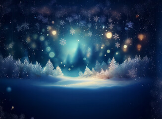 Poster - Magical winter scene: snow-covered trees, falling snowflakes, and a soft, glowing light illuminate a serene forest landscape.  The scene evokes a sense of peace and wonder.