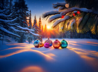Poster - Winter sunset scene. Colorful Christmas ornaments rest on a snowdrift in a snowy forest, illuminated by the warm glow of the setting sun.  A snow-laden pine branch hangs overhead.