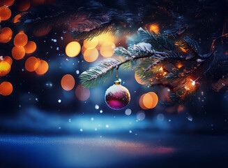 Poster - A snow-dusted pine branch adorned with a deep pink bauble hangs against a backdrop of twinkling warm lights and a softly falling snow.  The scene evokes a magical winter night.
