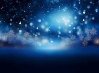 Poster - A serene winter scene:  Glimmering snowflakes fall against a deep blue night sky, illuminated by a soft, radiant light.  The ground below is shrouded in a gentle mist.
