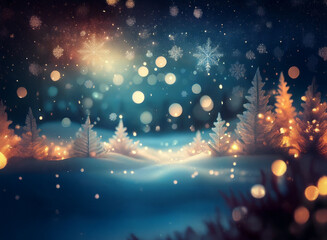 Poster - Enchanted winter scene: snow-covered hills, glowing trees, falling snowflakes, and a magical, soft light.  A perfect winter wonderland.