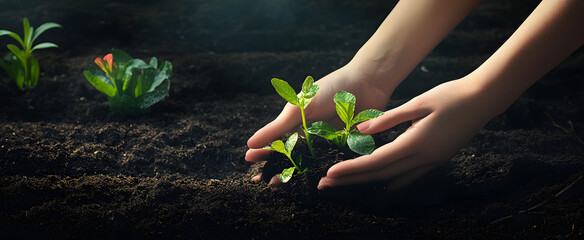 Poster - Female Hands Planting Young Plants. Garden Concept