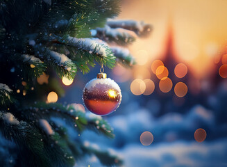 Poster - A snow-dusted Christmas tree ornament glows softly at sunset, with a blurred winter wonderland backdrop.  The scene evokes feelings of warmth, peace, and holiday cheer.