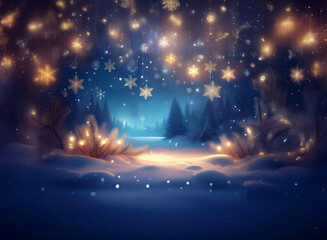 Poster - Enchanted winter forest scene.  Glowing lights and snowflakes fall amidst snow-covered trees, creating a magical, serene atmosphere.  A path leads into the heart of the woods.