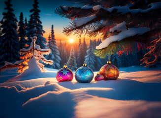 Poster - A breathtaking winter sunset illuminates snow-covered pine trees. Three colorful ornaments rest in the pristine snow, creating a magical Christmas scene.
