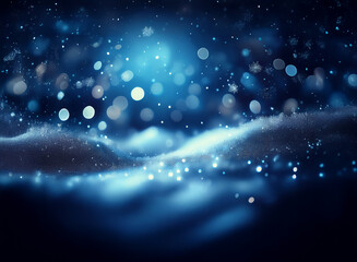 Poster - A serene winter landscape, bathed in cool blue light.  Snow drifts gently under a starlit sky, sparkling with magical bokeh.