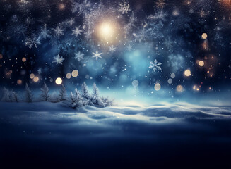 Poster - A magical winter night scene.  Snow-covered landscape, glistening snowflakes fall against a bright moon and bokeh lights.  Frozen trees stand silhouetted in the snowy field.